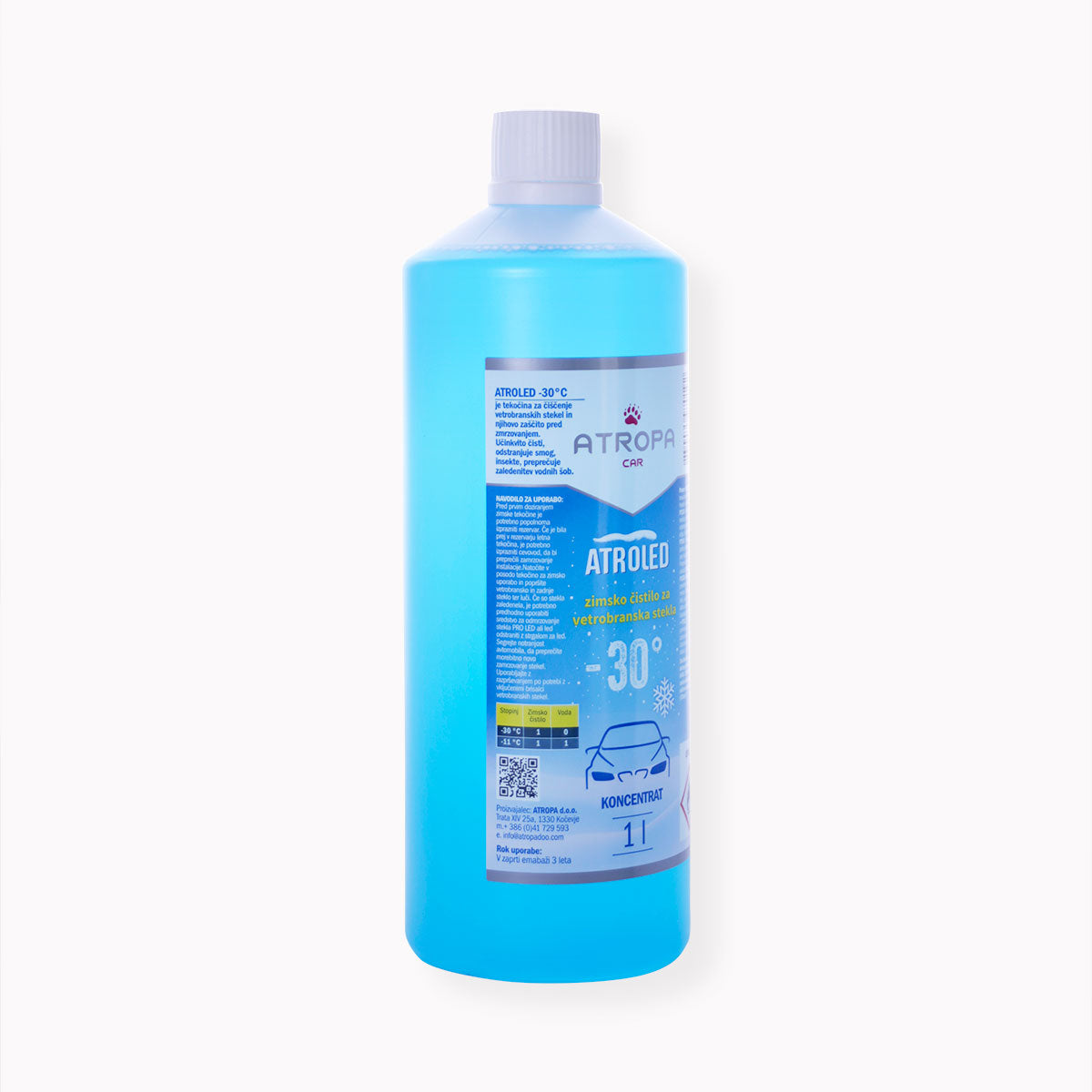 ATROLED zimska tekočina za vetrobransko steklo 1l do -30 °C modre barve v praktični embalaži. Zimska tekočina za vetrobransko steklo je proizvedena v Sloveniji.
